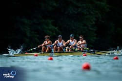 Valentin Onfroy (b), Nikola Kolarevic, Hugo Boucheron,Armand Pfister (s), Men's Four, France, 2025 World Rowing Cup Lucerne, Lucerne, Switzerland / © World Rowing / Benedict Tufnell