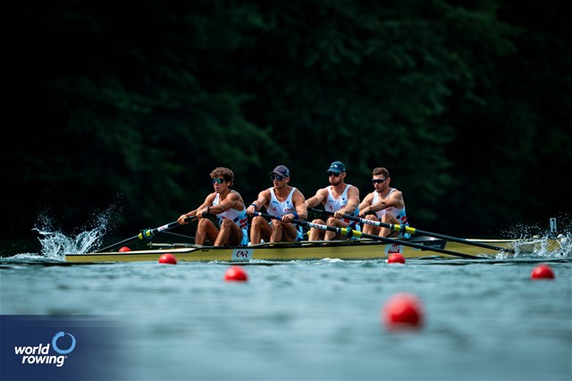 Valentin Onfroy (b), Nikola Kolarevic, Hugo Boucheron,Armand Pfister (s), Men's Four, France, 2025 World Rowing Cup Lucerne, Lucerne, Switzerland / © World Rowing / Benedict Tufnell