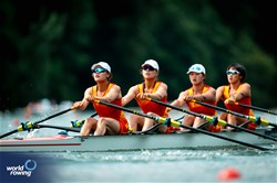Yuling Feng (b), Yiting Chen, Xiaoling Sun, Yaxin Guo (s), Women's Quadruple Sculls, People's Republic of China, 2025 World Rowing Cup Lucerne, Lucerne, Switzerland / © World Rowing / Benedict Tufnell