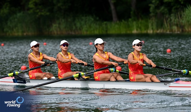 Yongmei Wu (b), Xinyu Lin,  Rui Ju, Rongrong Yang (s), Women's Four, People's Republic of China, 2025 World Rowing Cup Lucerne, Lucerne, Switzerland / © Detlev Seyb / MyRowingPhoto.com