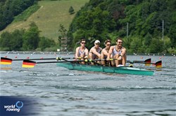 Friedrich Amelingmeyer (b), Max John, Wolf-Niclas Schroeder, Rene Schmela (s), Men's Four, Germany, 2025 World Rowing Cup Lucerne, Lucerne, Switzerland / © Detlev Seyb / MyRowingPhoto.com