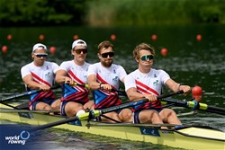 Jan Chladek (b), Miroslav Vokalek, Tomas Sisma, Vit Baldinus (s), Men's Four, Czechia, 2025 World Rowing Cup Lucerne, Lucerne, Switzerland / © Detlev Seyb / MyRowingPhoto.com