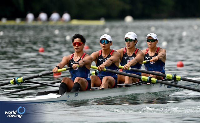 Tomoyoshi Nakamizo (b), Kengo Kishimoto, Hideo Toyama, Shin Sasaki (s), Men's Four, Japan, 2025 World Rowing Cup Lucerne, Lucerne, Switzerland / © Detlev Seyb / MyRowingPhoto.com