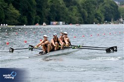 Joshua Vodanovich (b), Zackary Rumble, Campbell Crouch, Flynn Eliadis-Watson (s), Men's Four, New Zealand, 2025 World Rowing Cup Lucerne, Lucerne, Switzerland / © Detlev Seyb / MyRowingPhoto.com