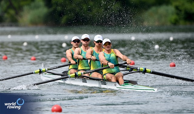 Nikolas Pender (b), Fergus Hamilton, Austin Reinehr, Alex Hill (s), Men's Four, Australia, 2025 World Rowing Cup Lucerne, Lucerne, Switzerland / © Detlev Seyb / MyRowingPhoto.com