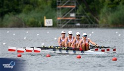 Julia Rogiewicz (b), Anna Khlibenko, Zuzanna Lesner, Barbara Jechorek (s), Women's Quadruple Sculls, Poland, 2025 World Rowing Cup Lucerne, Lucerne, Switzerland / © Detlev Seyb / MyRowingPhoto.com