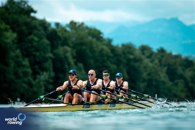 Cedol Dafydd (b), Callum Dixon, Matthew Haywood, Rory Harris (s), Men's Quadruple Sculls, Great Britain, 2025 World Rowing Cup Lucerne, Lucerne, Switzerland / © World Rowing / Benedict Tufnell