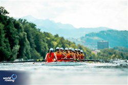 Zhenxue Nie (b), Huichen Xiao, Yuxiu Zhou, Jingran Xiong, Sangjizhuoma Sangjizhuoma, Hong Wang, Qian Wei, Si Liu (s), Yafei Qiao (c), Women's Eight, People's Republic of China, 2025 World Rowing Cup Lucerne, Lucerne, Switzerland / © World Rowing / Benedict Tufnell