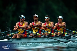Alexandru Gherasim (b), Andrei Lungu, Nicu Chelaru, Florin Bogdan Horodisteanu (s), Men's Quadruple Sculls, Romania, 2025 World Rowing Cup Lucerne, Lucerne, Switzerland / © World Rowing / Benedict Tufnell
