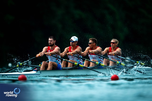 Boris Cesarec (b), David Sain, Goran Mahmutovic, Karlo Borkovic (s), Men's Quadruple Sculls, Croatia, 2025 World Rowing Cup Lucerne, Lucerne, Switzerland / © World Rowing / Benedict Tufnell