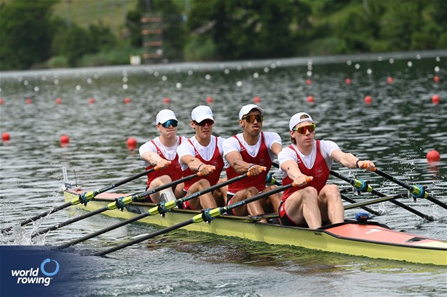 Nicolas Berger (b), Donat Vonder Muehll, Shamall Suero Santana, Gian Luca Egli (s), Men's Quadruple Sculls, Switzerland, 2025 World Rowing Cup Lucerne, Lucerne, Switzerland / © Detlev Seyb / MyRowingPhoto.com