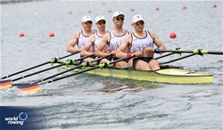 Tom Graenitz (b), Felix Heinrich, Ole Hohensee, Oliver Holtz (s), Men's Quadruple Sculls, Germany, 2025 World Rowing Cup Lucerne, Lucerne, Switzerland / © Detlev Seyb / MyRowingPhoto.com