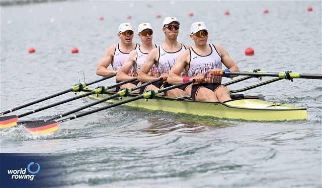 Tom Graenitz (b), Felix Heinrich, Ole Hohensee, Oliver Holtz (s), Men's Quadruple Sculls, Germany, 2025 World Rowing Cup Lucerne, Lucerne, Switzerland / © Detlev Seyb / MyRowingPhoto.com