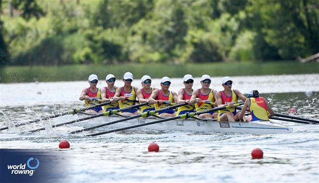 Cristina Druga (b), Roxana Anghel, Iulia-Liliana Balauca, Geanina Dumitrita Juncanariu, Ancuta Bodnar, Maria Lehaci, Adriana Adam, Amalia Beres (s), Victoria Stefania Petreanu (c), Women's Eight, Romania, 2025 World Rowing Cup Lucerne, Lucerne, Switzerland / © Detlev Seyb / MyRowingPhoto.com