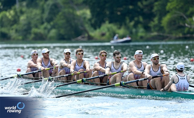 Paul Klapperich (b), Mattes Schoenherr, Benedict Eggeling, Tobias Strangemann, Olaf Roggensack, Julius Christ, Soenke Kruse, Theis Hagemeister (s), Jonas Wiesen (c), Men's Eight, Germany, 2025 World Rowing Cup Lucerne, Lucerne, Switzerland / © Detlev Seyb / MyRowingPhoto.com