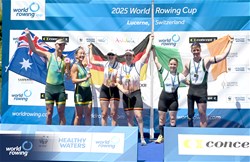 Jan Helmich (b), Hermine Krumbein (s), PR3 Mixed Double Sculls, Germany, Gold, Lisa Greissl (b), Sam Stunell (s), Australia, Silver, Sadhbh Ni Laoghaire (b), Tiarnan O'Donnell (s), Ireland, Bronze, 2025 World Rowing Cup Lucerne, Lucerne, Switzerland / © Detlev Seyb / MyRowingPhoto.com