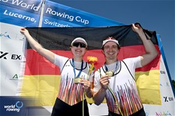 Jan Helmich (b), Hermine Krumbein (s), PR3 Mixed Double Sculls, Germany, Gold, 2025 World Rowing Cup Lucerne, Lucerne, Switzerland / © Detlev Seyb / MyRowingPhoto.com