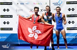 Felipe Kluver Ferreira, Lightweight Men's Single Sculls, Uruguay, Gold, Hin Chun Chiu, Hong Kong, China, Silver, Shakhzod Nurmatov, Uzbekistan, Bronze, 2025 World Rowing Cup Lucerne, Lucerne, Switzerland / © Detlev Seyb / MyRowingPhoto.com