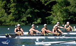 Joshua Vodanovich (b), Zackary Rumble, Campbell Crouch, Flynn Eliadis-Watson (s), Men's Four, New Zealand, 2025 World Rowing Cup Lucerne, Lucerne, Switzerland / © Detlev Seyb / MyRowingPhoto.com