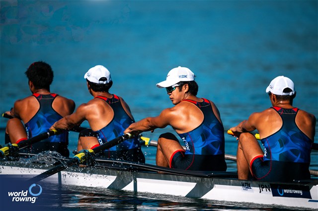 Tomoyoshi Nakamizo (b), Kengo Kishimoto, Hideo Toyama, Shin Sasaki (s), Men's Four, Japan, 2025 World Rowing Cup Lucerne, Lucerne, Switzerland / © World Rowing / Benedict Tufnell