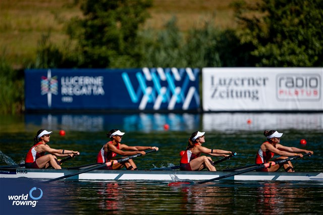 Sheung Yee Wong (b), Wing Yan Winne Hung, Wing Wun Leung, King Wan Leung (s), Women's Four, Hong Kong, China, 2025 World Rowing Cup Lucerne, Lucerne, Switzerland / © World Rowing / Benedict Tufnell