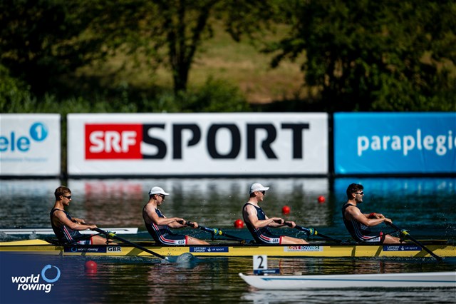 Jake Wincomb (b), Daniel Graham, James Vogel, Joshua Bowesman-Jones (s), Men's Four, Great Britain, 2025 World Rowing Cup Lucerne, Lucerne, Switzerland / © World Rowing / Benedict Tufnell