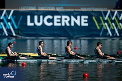 Ronan Byrne (b), Brian Colsh, Adam Murphy, Andrew Sheehan (s), Men's Quadruple Sculls, Ireland, 2025 World Rowing Cup Lucerne, Lucerne, Switzerland / © World Rowing / Benedict Tufnell