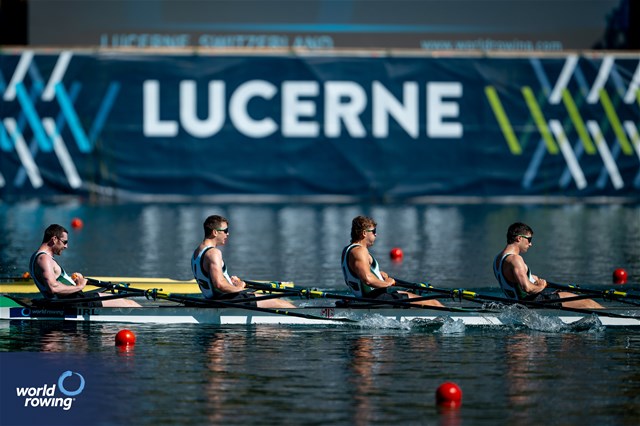 Ronan Byrne (b), Brian Colsh, Adam Murphy, Andrew Sheehan (s), Men's Quadruple Sculls, Ireland, 2025 World Rowing Cup Lucerne, Lucerne, Switzerland / © World Rowing / Benedict Tufnell