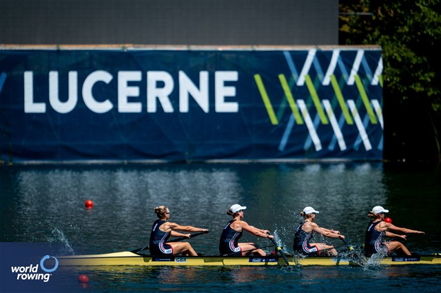 Daisy Bellamy (b), Lauren Irwin, Heidi Long, Eve Stewart (s), Women's Four, Great Britain, 2025 World Rowing Cup Lucerne, Lucerne, Switzerland / © World Rowing / Benedict Tufnell