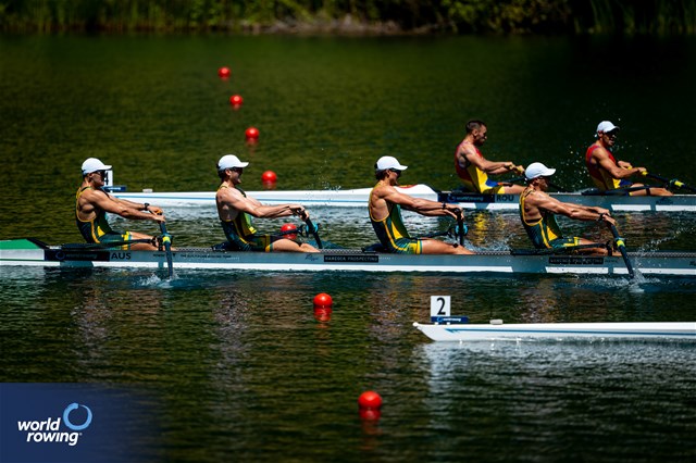 Nikolas Pender (b), Fergus Hamilton, Austin Reinehr, Alex Hill (s), Men's Four, Australia, 2025 World Rowing Cup Lucerne, Lucerne, Switzerland / © World Rowing / Benedict Tufnell