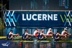 Cedol Dafydd (b), Callum Dixon, Matthew Haywood, Rory Harris (s), Men's Quadruple Sculls, Great Britain, 2025 World Rowing Cup Lucerne, Lucerne, Switzerland / © World Rowing / Benedict Tufnell