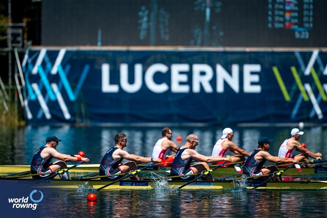 Cedol Dafydd (b), Callum Dixon, Matthew Haywood, Rory Harris (s), Men's Quadruple Sculls, Great Britain, 2025 World Rowing Cup Lucerne, Lucerne, Switzerland / © World Rowing / Benedict Tufnell