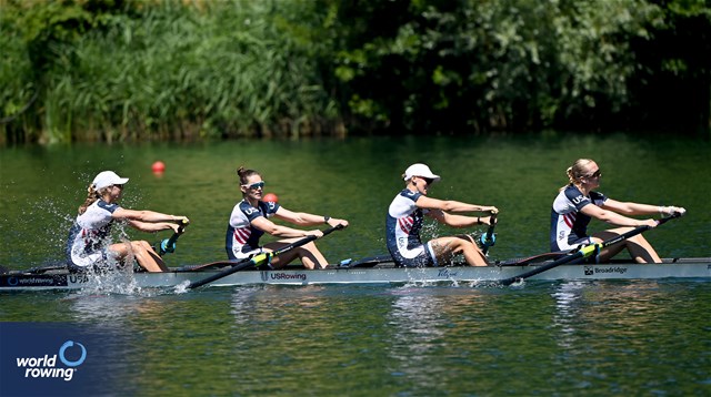 Alexandria Vallancey-Martinson (b), Camille Vandermeer, Azja Czajkowski, Etta Carpender (s), Women's Four, United States of America, 2025 World Rowing Cup Lucerne, Lucerne, Switzerland / © Detlev Seyb / MyRowingPhoto.com