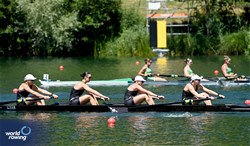 Juliette Lequeux (b), Rebecca Leigh, Isla Blake, Alana Sherman (s), Women's Four, New Zealand, 2025 World Rowing Cup Lucerne, Lucerne, Switzerland / © Detlev Seyb / MyRowingPhoto.com