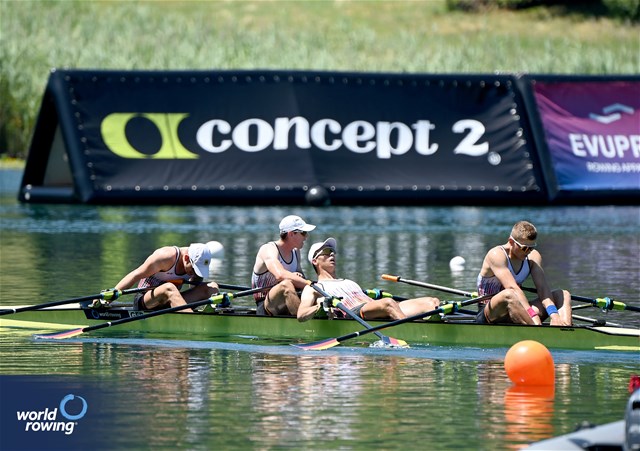 Tom Graenitz (b), Felix Heinrich, Ole Hohensee, Oliver Holtz (s), Men's Quadruple Sculls, Germany, 2025 World Rowing Cup Lucerne, Lucerne, Switzerland / © Detlev Seyb / MyRowingPhoto.com