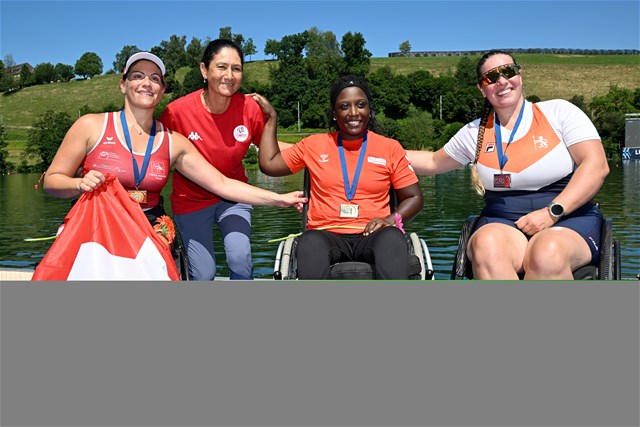Claire Ghiringhelli, PR1 Womens Single Sculls, Switzerland, Gold, Eva Mol, Netherlands, Silver, Ahlem Jeddi, Tunisia, Bronze, 2025 World Rowing Cup Lucerne, Lucerne, Switzerland / © Detlev Seyb / MyRowingPhoto.com