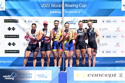 Maria Magadlena Rusu (b), Simona Radis (s), Women's Pair, Romania, Gold, Anna Santruckova (b), Pavlina Flamikova (s), Czechia, Silver, Eleanor Brinkhoff (b), Megan Slabbert (s), Great Britain, Bronze, 2025 World Rowing Cup Lucerne, Lucerne, Switzerland / © Detlev Seyb / MyRowingPhoto.com