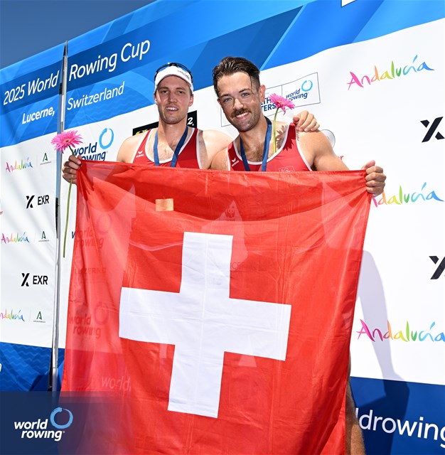 Jonah Plock (b), Patrick Brunner (s), Men's Pair, Switzerland, Bronze, 2025 World Rowing Cup Lucerne, Lucerne, Switzerland / © Detlev Seyb / MyRowingPhoto.com