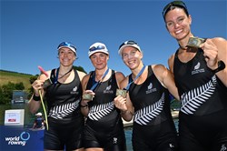 Juliette Lequeux (b), Rebecca Leigh, Isla Blake, Alana Sherman (s), Women's Four, New Zealand, Bronze, 2025 World Rowing Cup Lucerne, Lucerne, Switzerland / © Detlev Seyb / MyRowingPhoto.com