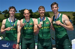 Domantas Stankunas (b), Mantas Juskevicius, Povilas Stankunas, Dovydas Stankunas (s), Men's Four, Lithuania, Bronze, 2025 World Rowing Cup Lucerne, Lucerne, Switzerland / © Detlev Seyb / MyRowingPhoto.com