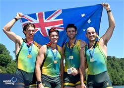 Nikolas Pender (b), Fergus Hamilton, Austin Reinehr, Alex Hill (s), Men's Four, Australia, Gold, 2025 World Rowing Cup Lucerne, Lucerne, Switzerland / © Detlev Seyb / MyRowingPhoto.com