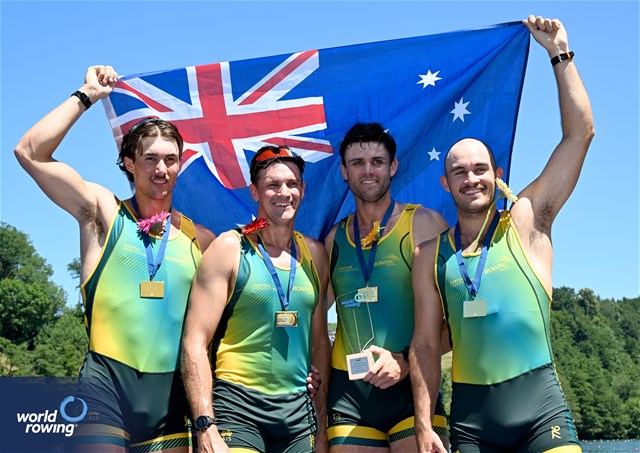 Nikolas Pender (b), Fergus Hamilton, Austin Reinehr, Alex Hill (s), Men's Four, Australia, Gold, 2025 World Rowing Cup Lucerne, Lucerne, Switzerland / © Detlev Seyb / MyRowingPhoto.com