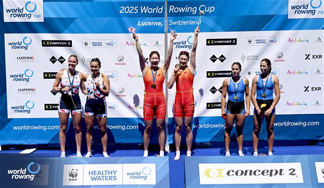 Yunxia Chen (b), Ling Zhang (s), Women's Double Sculls, People's Republic of China, Gold, Elodie Ravera Scaramozzino (b), Emma Lunatti (s), France, Silver, Evangelia Anastasiadou (b), Zoi Fitsiou (s), Greece, Bronze, 2025 World Rowing Cup Lucerne, Lucerne, Switzerland / © Detlev Seyb / MyRowingPhoto.com