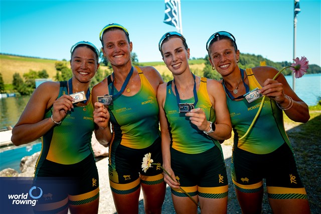 Emmie Frederico (b), Eliza Gaffney, Georgie Rowe, Jacqui Swick (s), Women's Four, Australia, Silver, 2025 World Rowing Cup Lucerne, Lucerne, Switzerland / © World Rowing / Benedict Tufnell