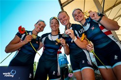 Alexandria Vallancey-Martinson (b), Camille Vandermeer, Azja Czajkowski, Etta Carpender (s), Women's Four, United States of America, Gold, 2025 World Rowing Cup Lucerne, Lucerne, Switzerland / © World Rowing / Benedict Tufnell