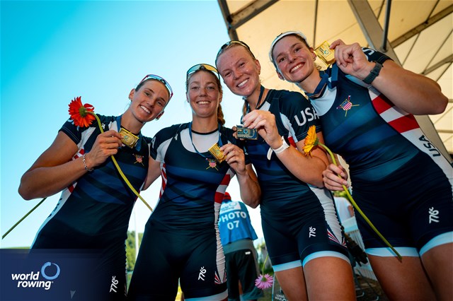 Alexandria Vallancey-Martinson (b), Camille Vandermeer, Azja Czajkowski, Etta Carpender (s), Women's Four, United States of America, Gold, 2025 World Rowing Cup Lucerne, Lucerne, Switzerland / © World Rowing / Benedict Tufnell