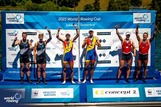 Florin Arteni (b), Florin Sorin Lehaci (s), Men's Pair, Romania, Gold, Oliver Welch (b), Benjamin Taylor (s), New Zealand, Silver, Jonah Plock (b), Patrick Brunner (s), Men's Pair, Bronze, 2025 World Rowing Cup Lucerne, Lucerne, Switzerland / © World Rowing / Benedict Tufnell