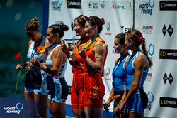 Yunxia Chen (b), Ling Zhang (s), Women's Double Sculls, People's Republic of China, Gold, Elodie Ravera Scaramozzino (b), Emma Lunatti (s), France, Silver, Evangelia Anastasiadou (b), Zoi Fitsiou (s), Greece, Bronze, 2025 World Rowing Cup Lucerne, Lucerne, Switzerland / © World Rowing / Benedict Tufnell