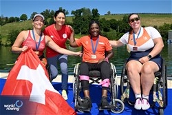 Claire Ghiringhelli, PR1 Womens Single Sculls, Switzerland, Gold, Eva Mol, Netherlands, Silver, Ahlem Jeddi, Tunisia, Bronze, 2025 World Rowing Cup Lucerne, Lucerne, Switzerland / © Detlev Seyb / MyRowingPhoto.com