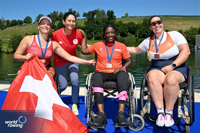 Claire Ghiringhelli, PR1 Womens Single Sculls, Switzerland, Gold, Eva Mol, Netherlands, Silver, Ahlem Jeddi, Tunisia, Bronze, 2025 World Rowing Cup Lucerne, Lucerne, Switzerland / © Detlev Seyb / MyRowingPhoto.com